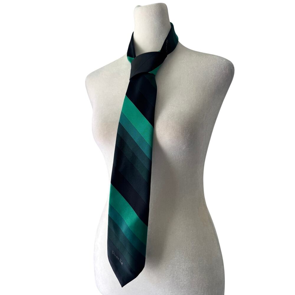 Vintage ‘90s Oscar de la Renta Teal, Blue & Black Diagonal Striped Necktie